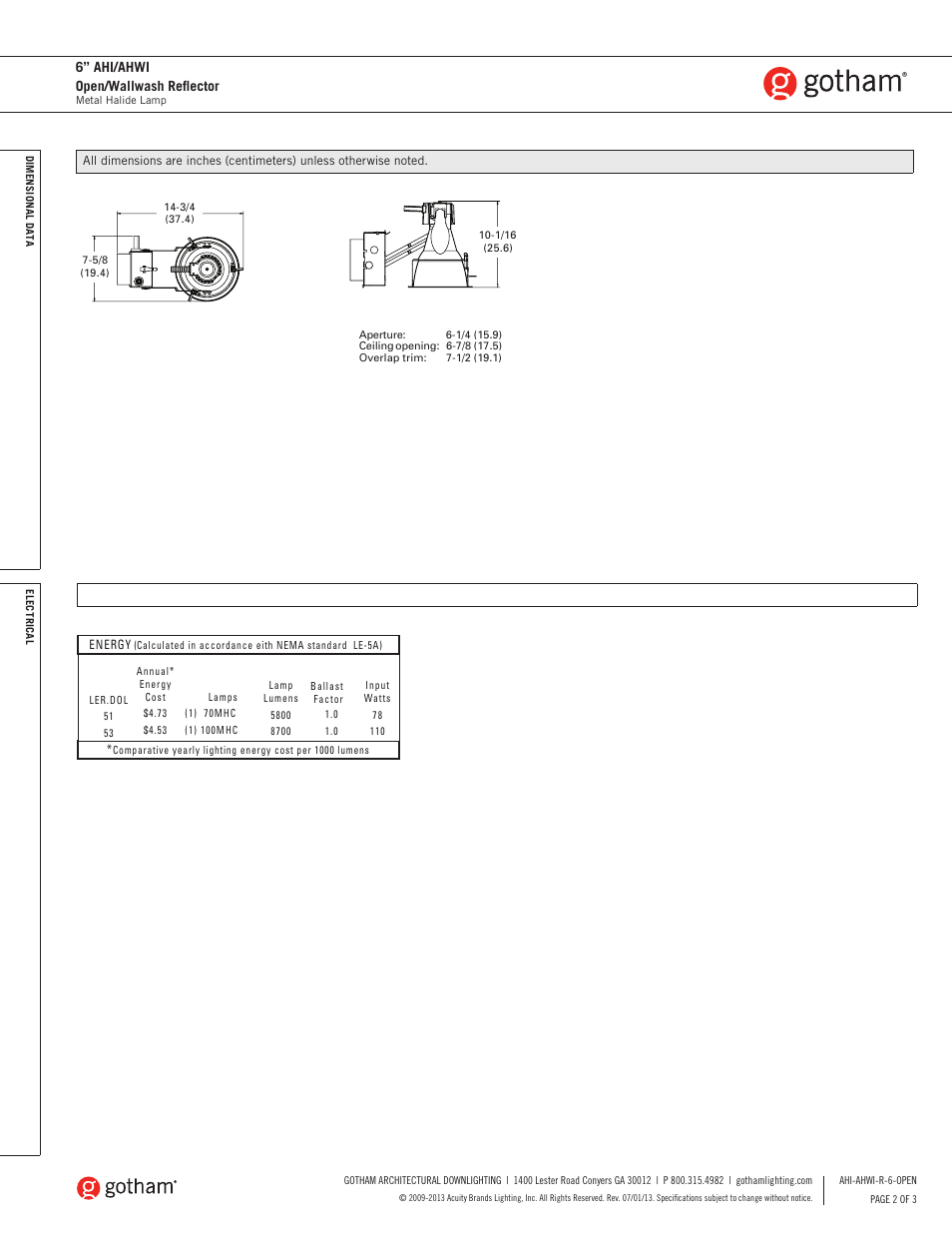 6” ahi/ahwi open/wallwash reflector | Gotham 6 AHI_AHWI Open_Wallwash Reflector SpecSheet User Manual | Page 2 / 3