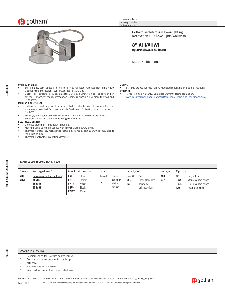 Gotham 8 AHI_AHWI Open_Wallwash Reflector SpecSheet User Manual | 3 pages