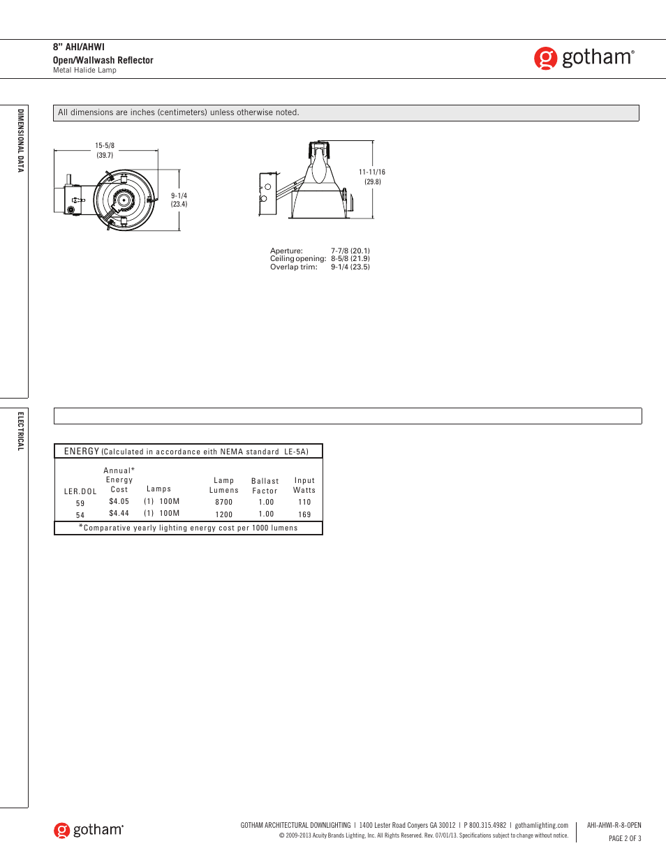 Gotham 8 AHI_AHWI Open_Wallwash Reflector SpecSheet User Manual | Page 2 / 3