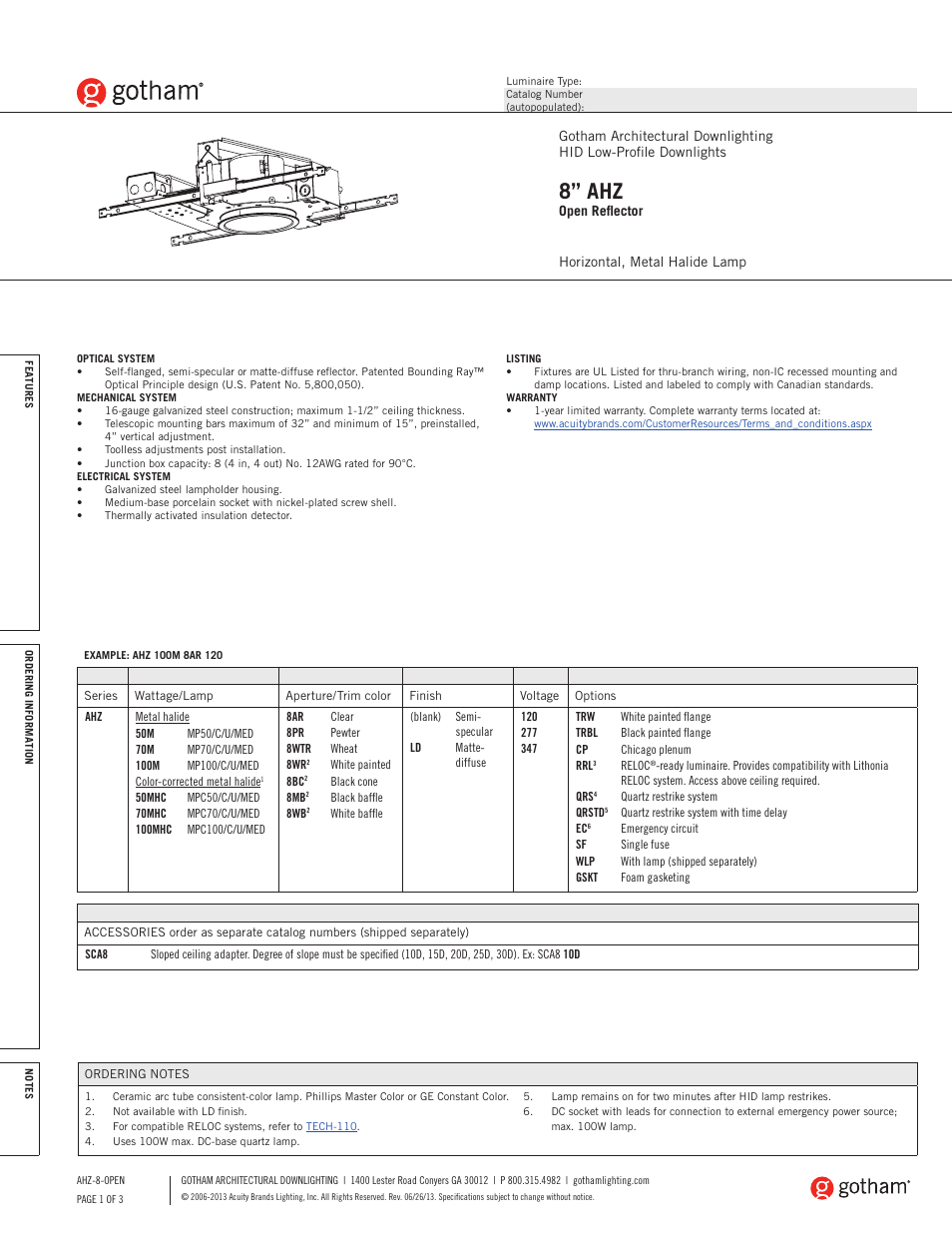 Gotham 8 AHZ Open Reflector SpecSheet User Manual | 3 pages