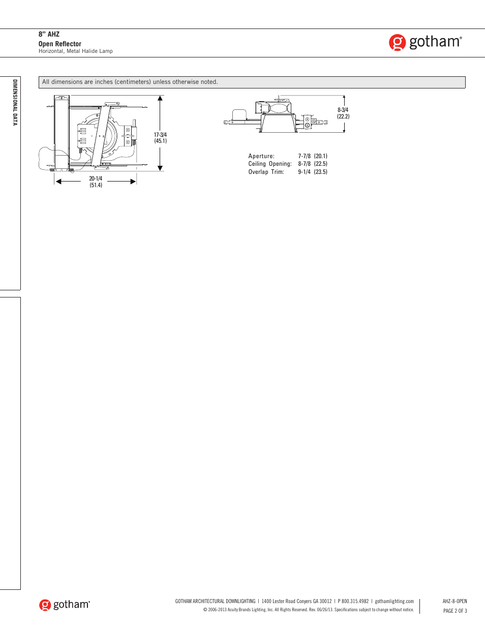 Gotham 8 AHZ Open Reflector SpecSheet User Manual | Page 2 / 3