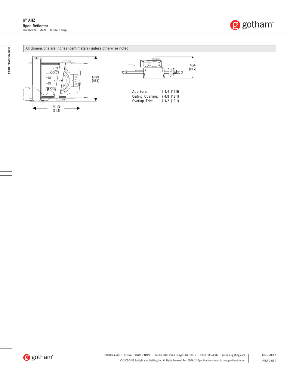 Gotham 6 AHZ Open Reflector SpecSheet User Manual | Page 2 / 3
