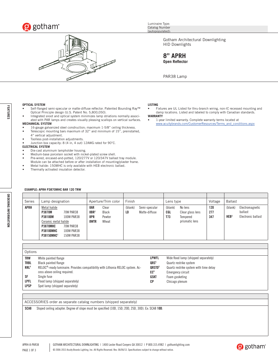 Gotham 8 APRH Open Reflector PAR38 SpecSheet User Manual | 3 pages