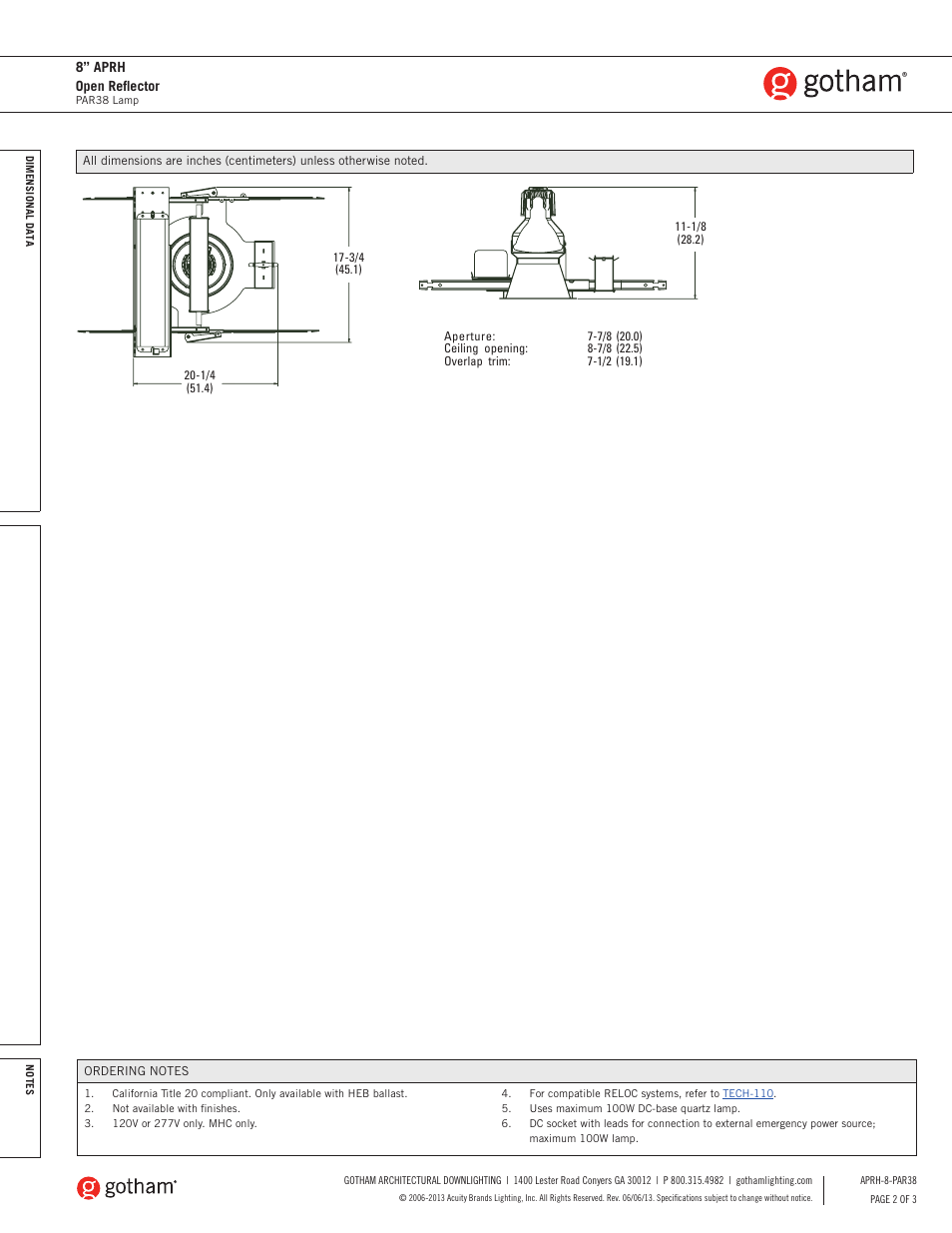 Gotham 8 APRH Open Reflector PAR38 SpecSheet User Manual | Page 2 / 3