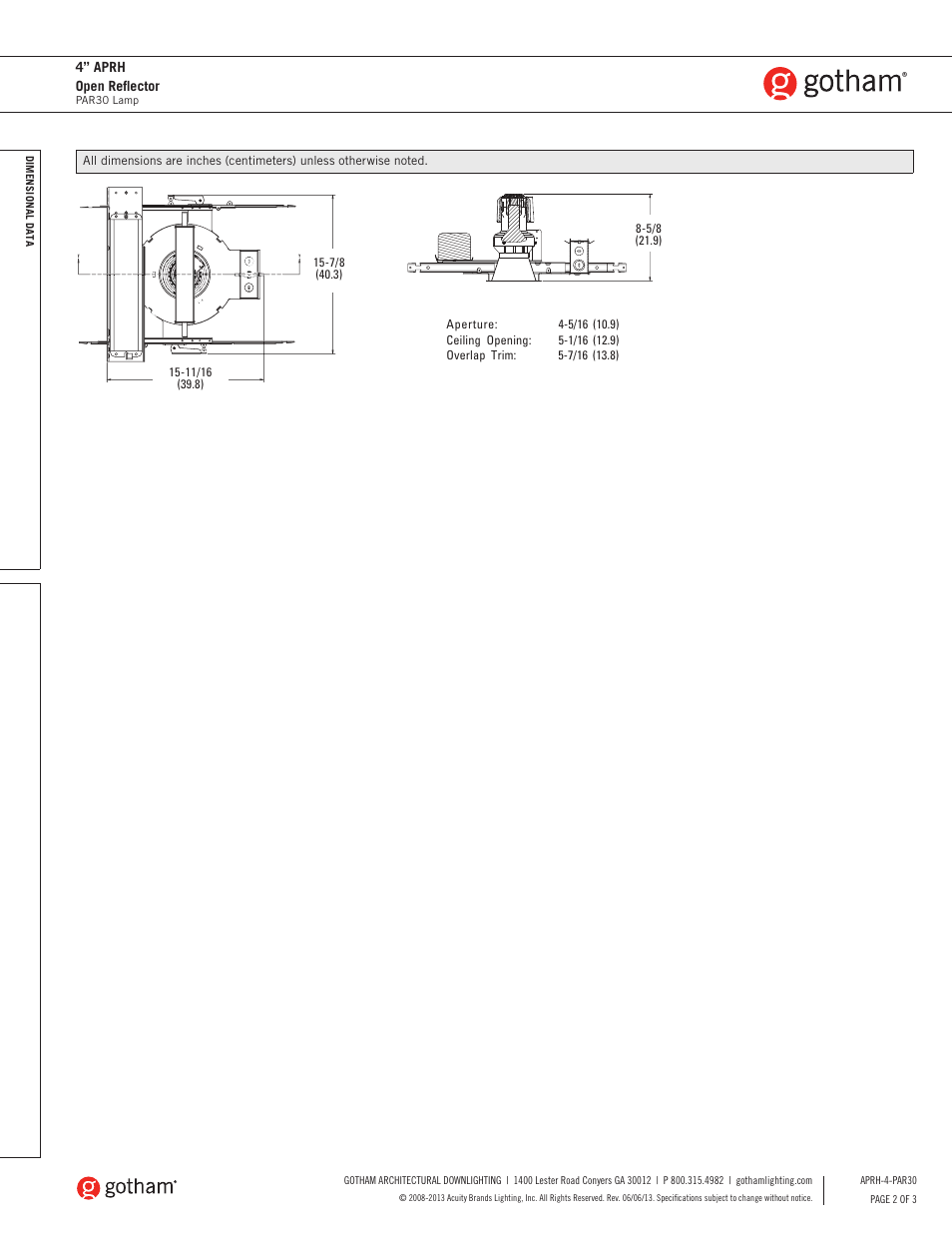 Gotham 4 APRH Open Reflector PAR30 SpecSheet User Manual | Page 2 / 3