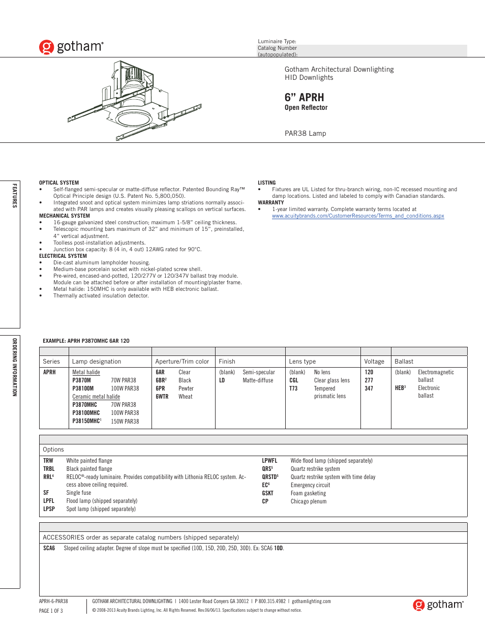 Gotham 6 APRH Open Reflector PAR38 SpecSheet User Manual | 3 pages