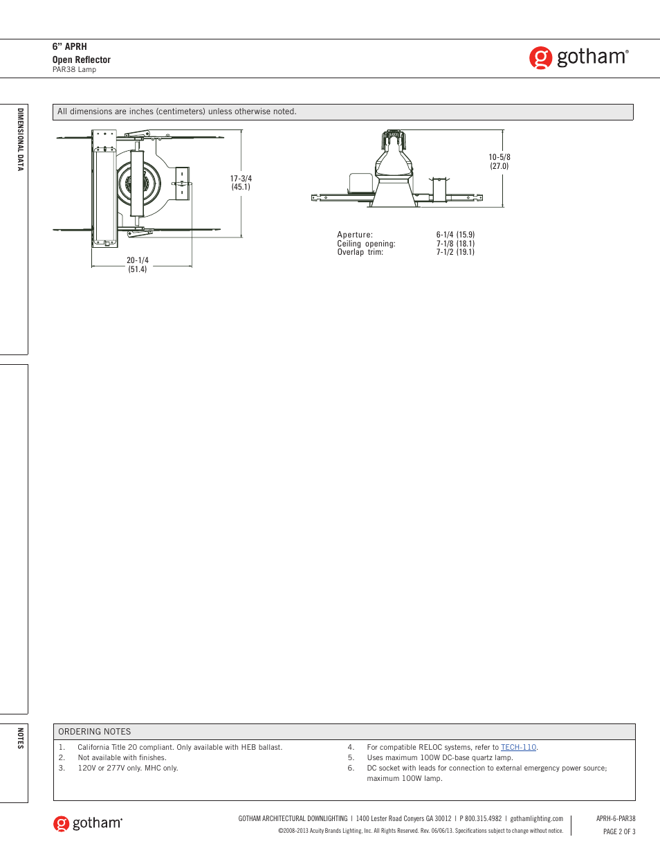 Gotham 6 APRH Open Reflector PAR38 SpecSheet User Manual | Page 2 / 3