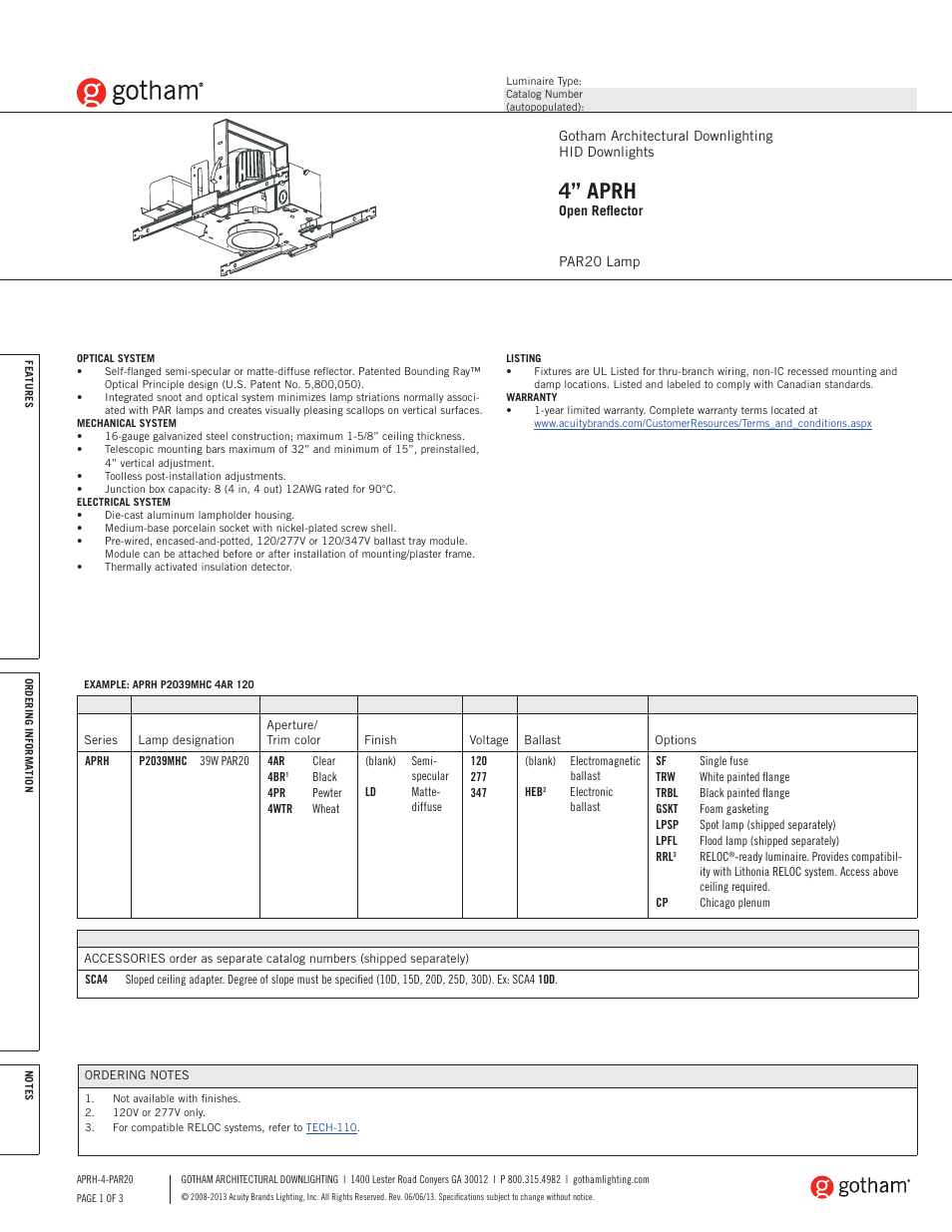 Gotham 4 APRH Open Reflector PAR20 SpecSheet User Manual | 3 pages