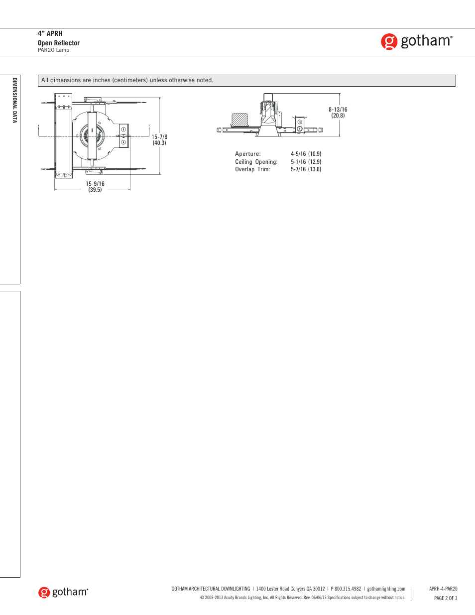 Gotham 4 APRH Open Reflector PAR20 SpecSheet User Manual | Page 2 / 3