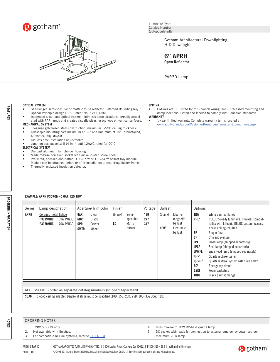 Gotham 6 APRH Open Reflector PAR30 SpecSheet User Manual | 3 pages