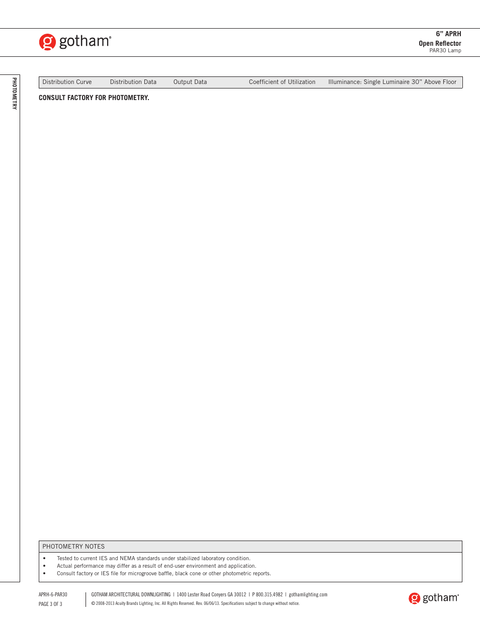 Gotham 6 APRH Open Reflector PAR30 SpecSheet User Manual | Page 3 / 3