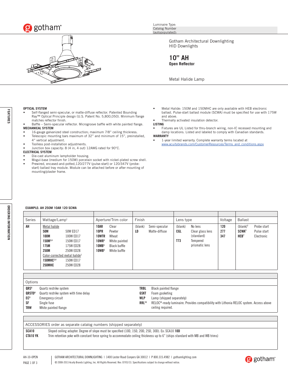 Gotham 10 AH Open Reflector SpecSheet User Manual | 3 pages