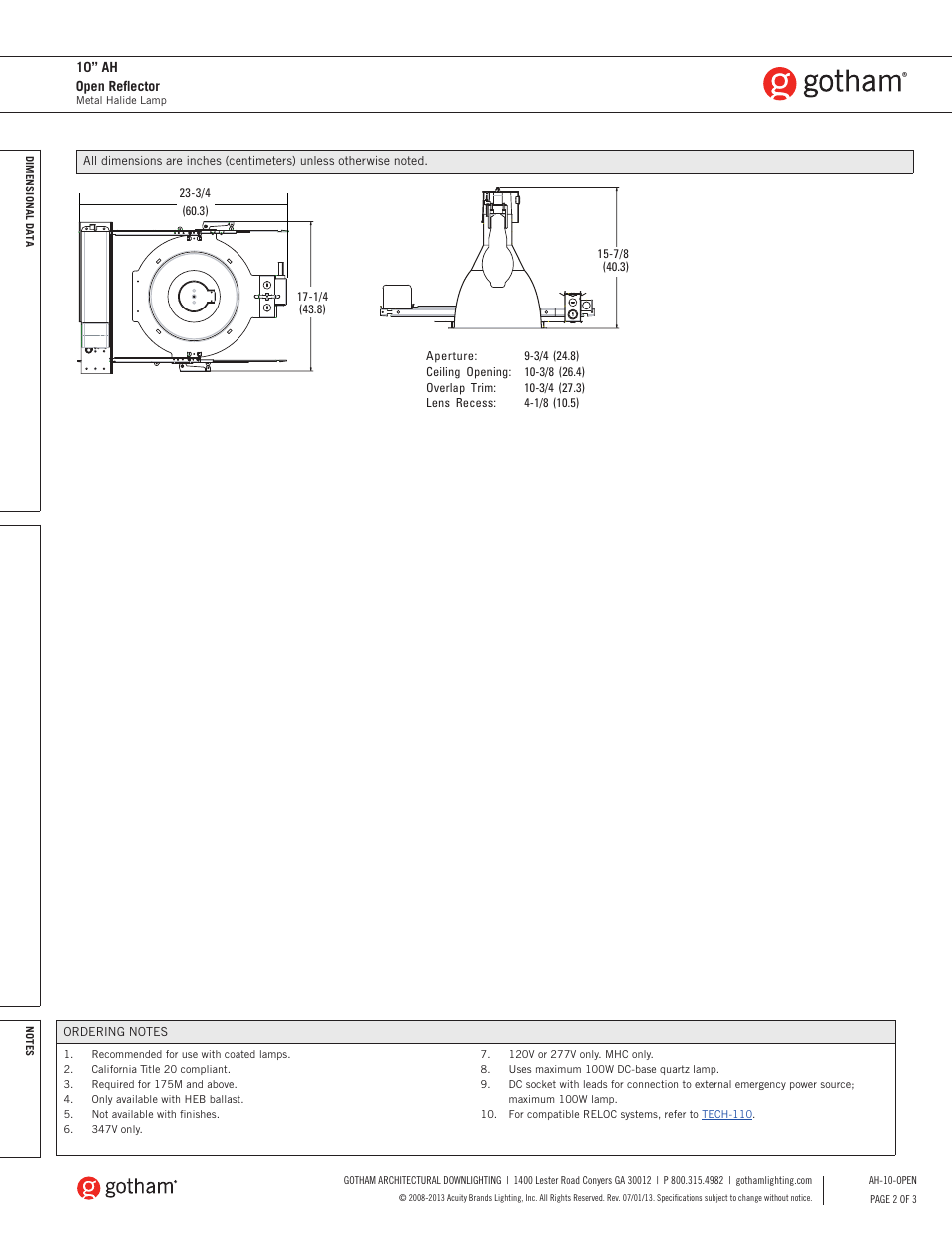 10” ah open reflector | Gotham 10 AH Open Reflector SpecSheet User Manual | Page 2 / 3