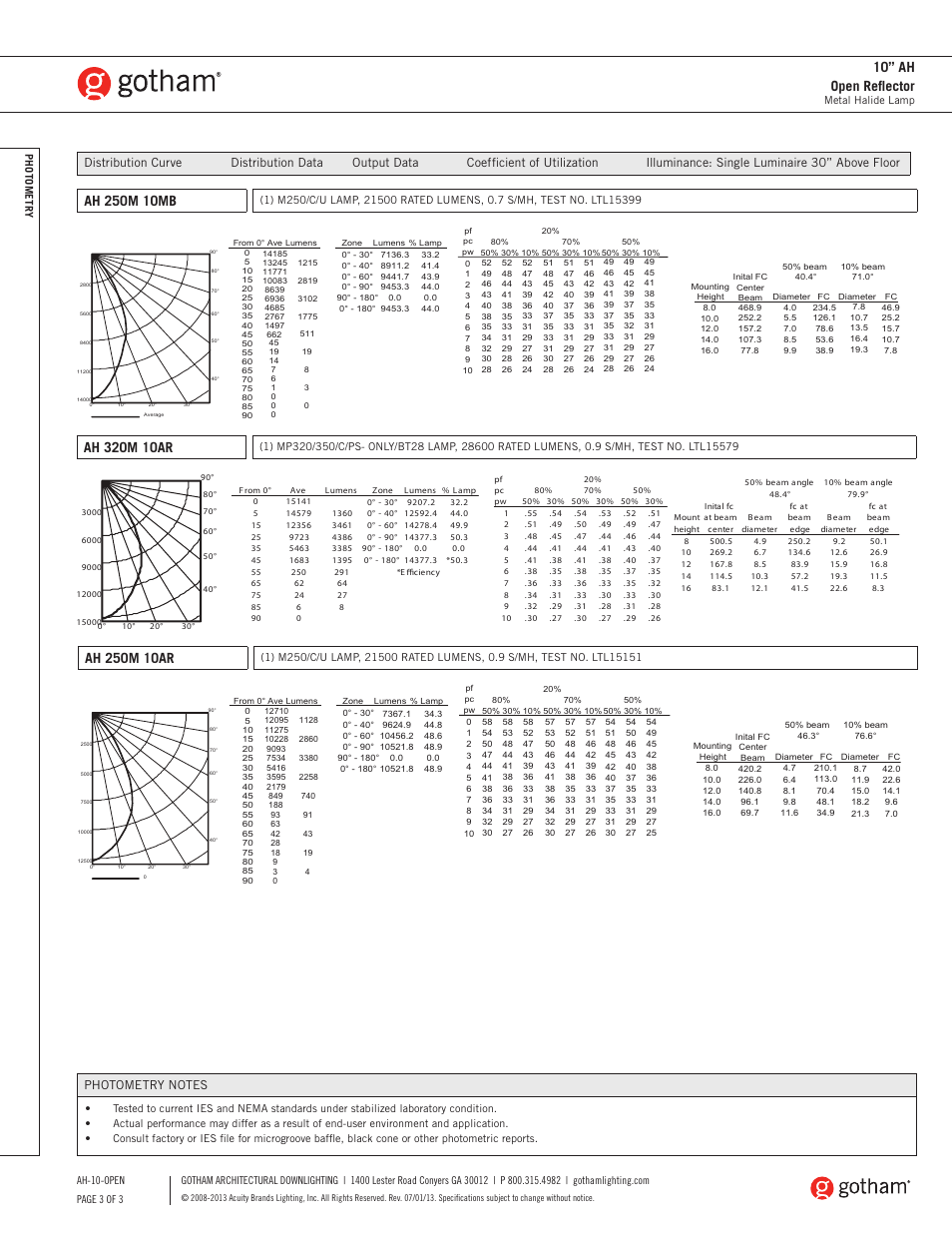 10” ah open reflector | Gotham 10 AH Open Reflector SpecSheet User Manual | Page 3 / 3