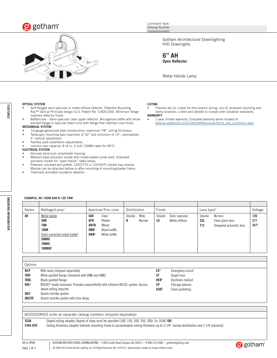 Gotham 6 AH Open Reflector SpecSheet User Manual | 3 pages