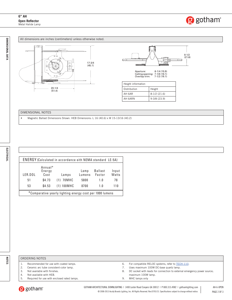 Energy | Gotham 6 AH Open Reflector SpecSheet User Manual | Page 2 / 3