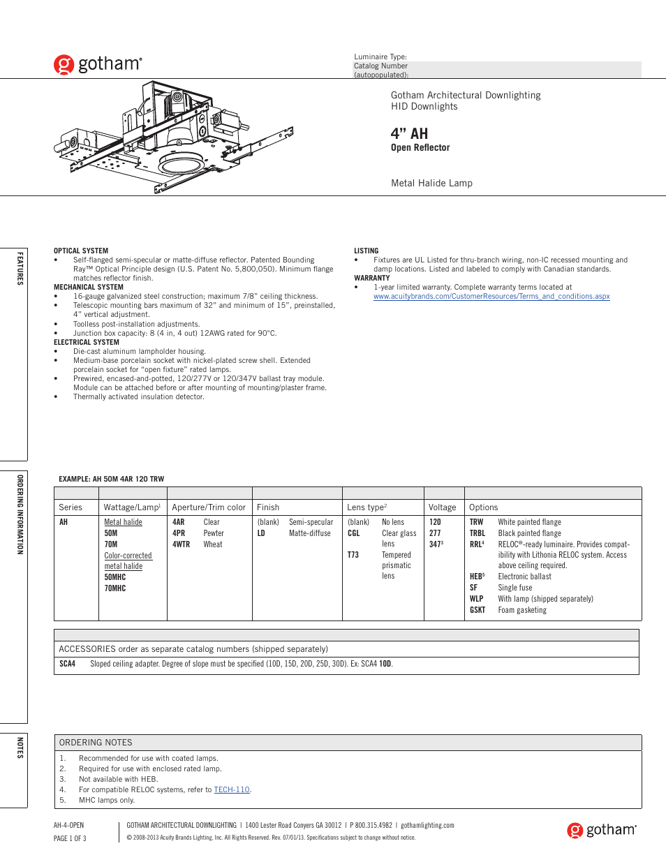 Gotham 4 AH Open Reflector SpecSheet User Manual | 3 pages