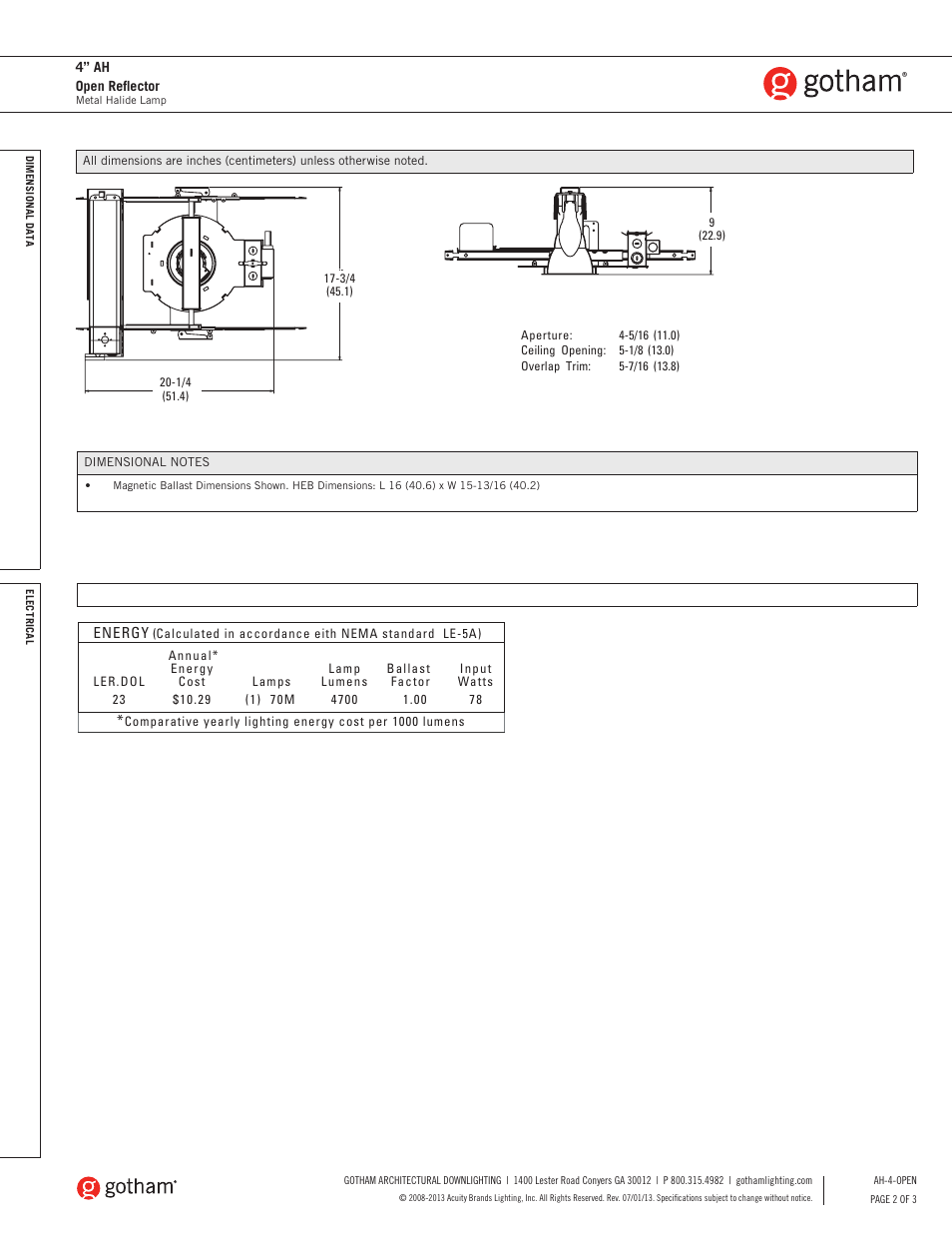 Gotham 4 AH Open Reflector SpecSheet User Manual | Page 2 / 3