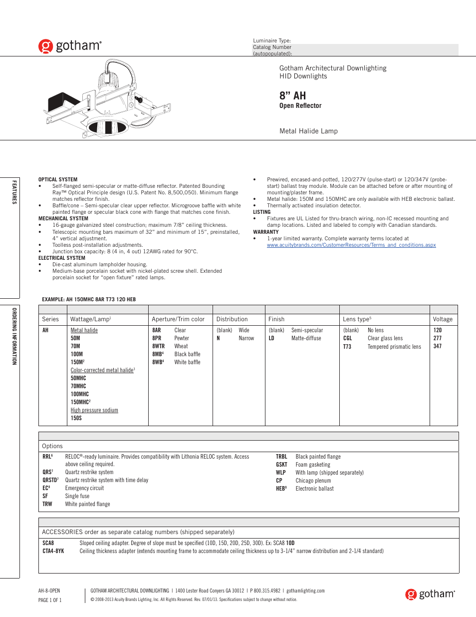 Gotham 8 AH Open Reflector SpecSheet User Manual | 3 pages