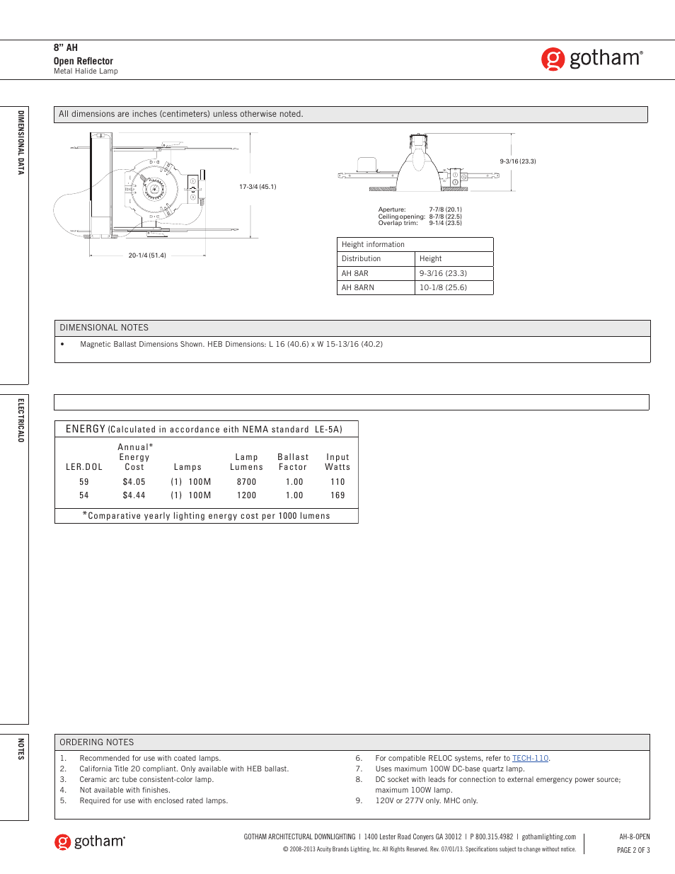 Energy | Gotham 8 AH Open Reflector SpecSheet User Manual | Page 2 / 3