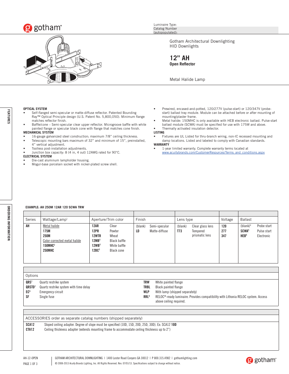 Gotham 12 AH Open Reflector SpecSheet User Manual | 3 pages