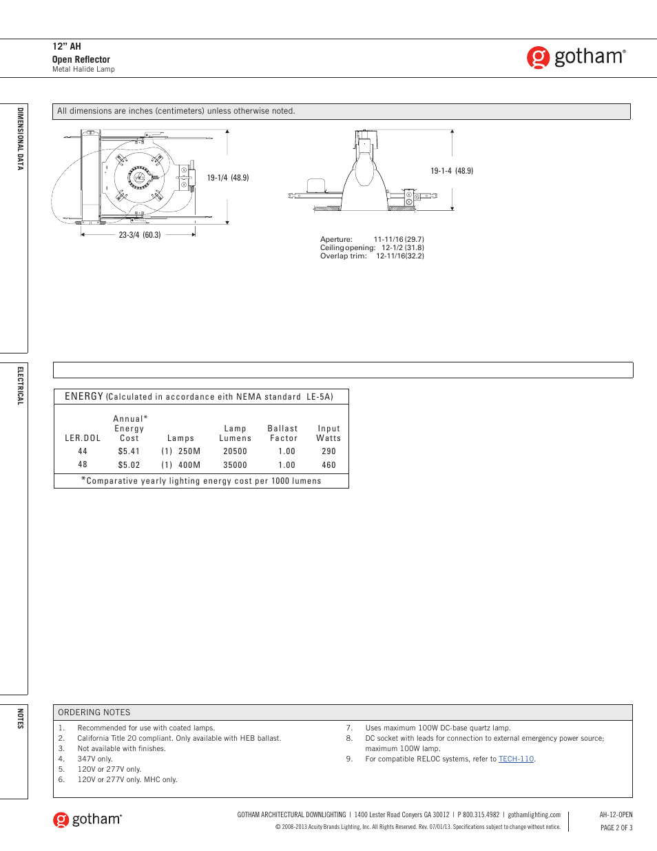 Gotham 12 AH Open Reflector SpecSheet User Manual | Page 2 / 3