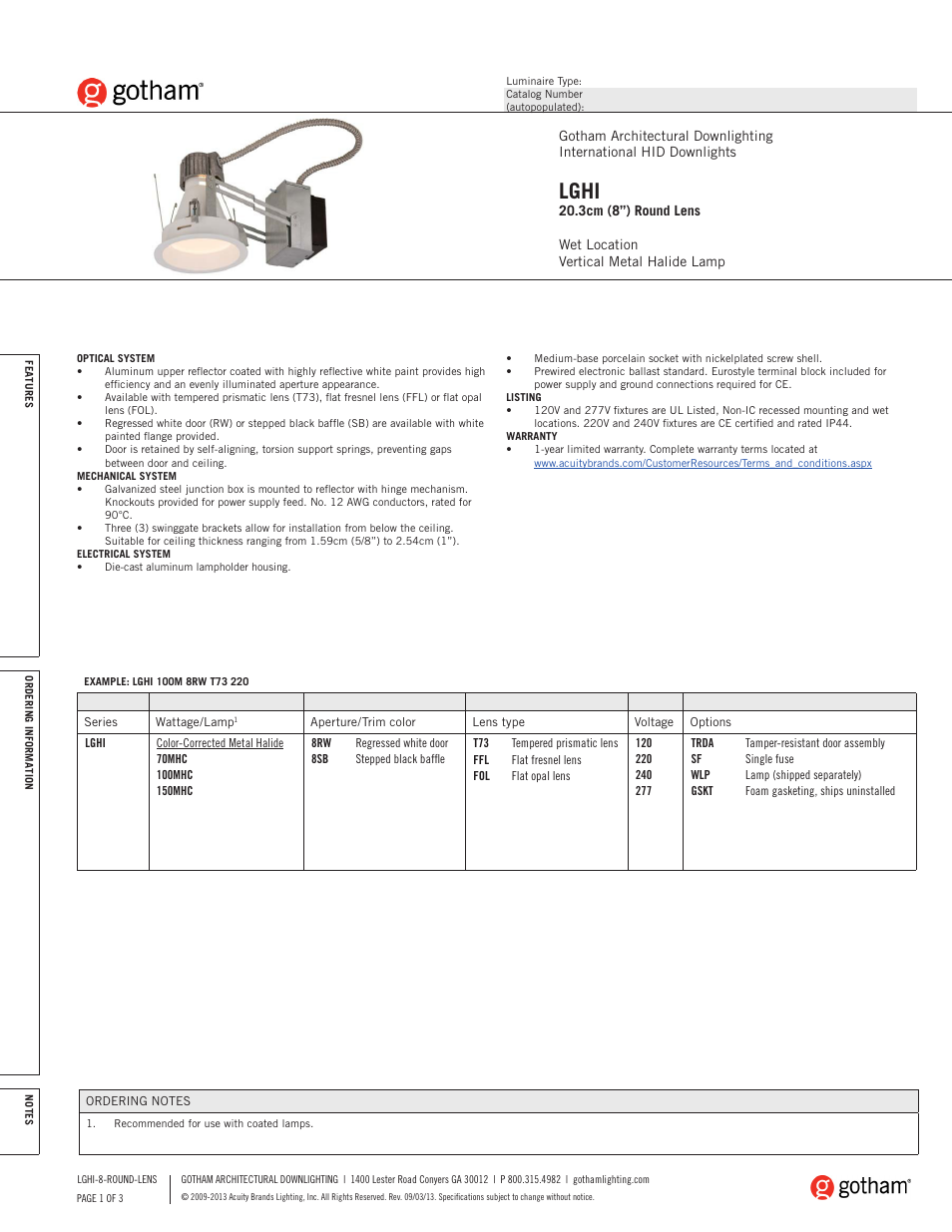 Gotham LGHI 20.3cm (8) Round Lens SpecSheet User Manual | 3 pages