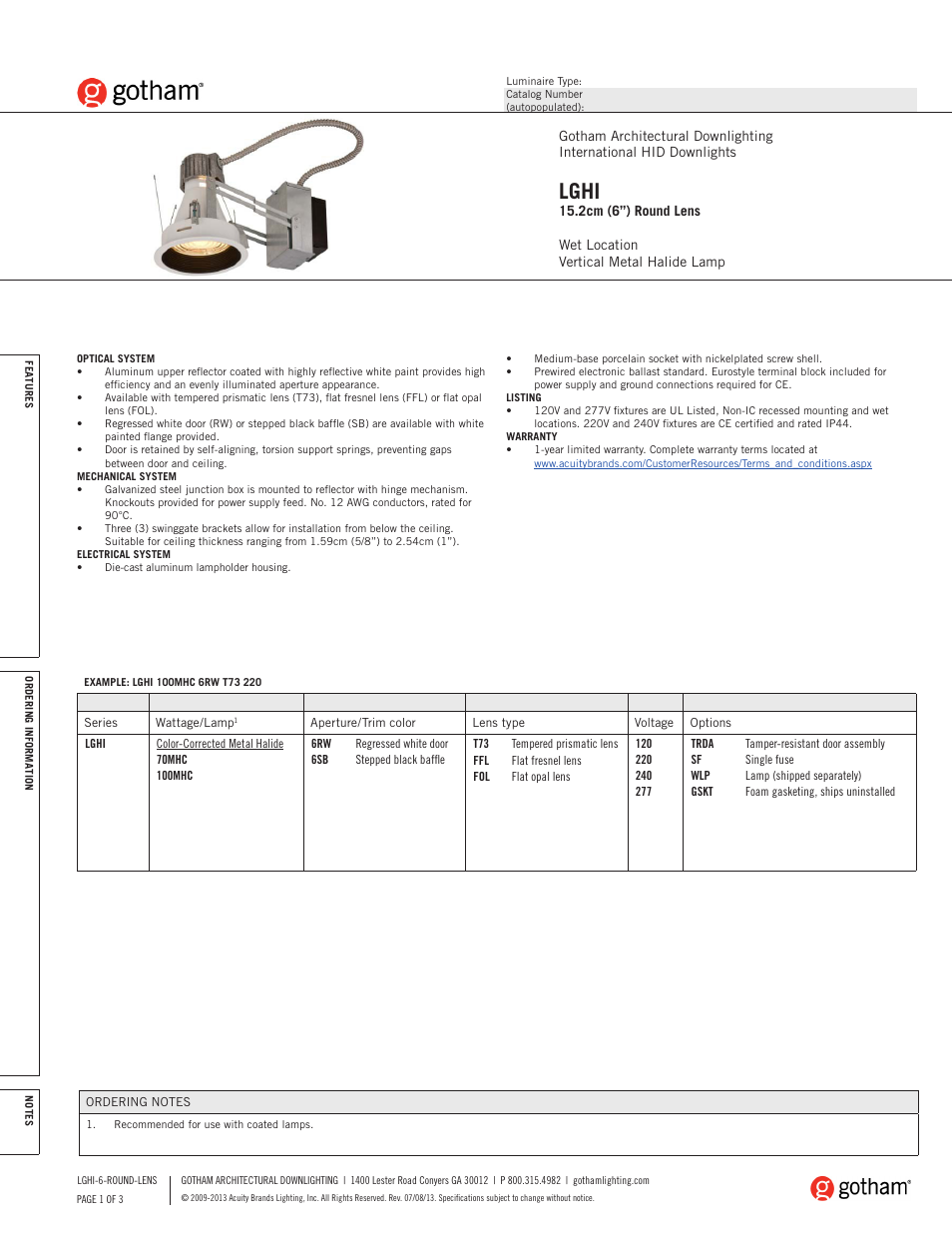 Gotham LGHI 15.2cm (6) Round Lens SpecSheet User Manual | 3 pages