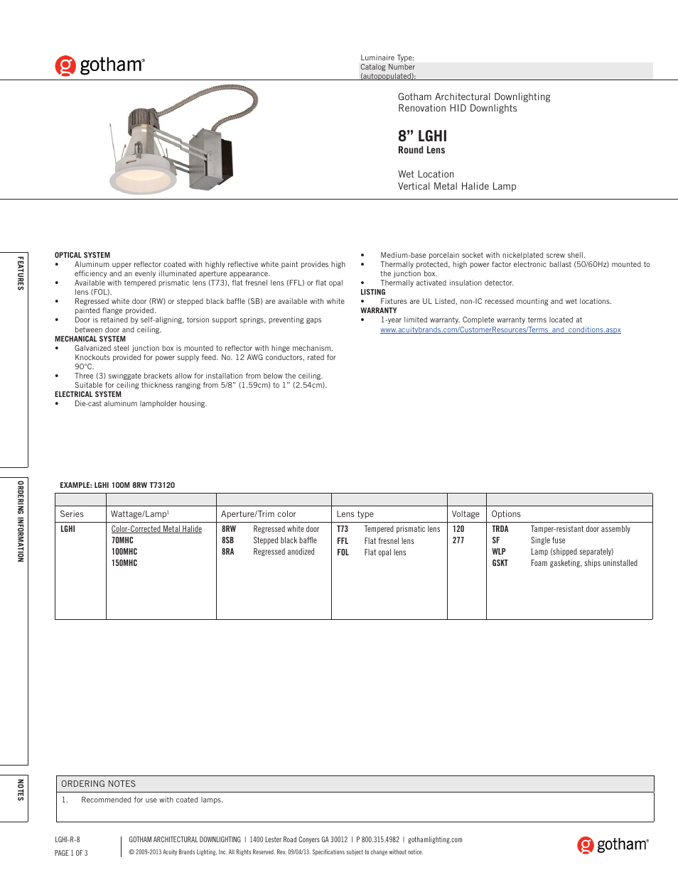 Gotham 8 LGHI Round Lens SpecSheet User Manual | 3 pages