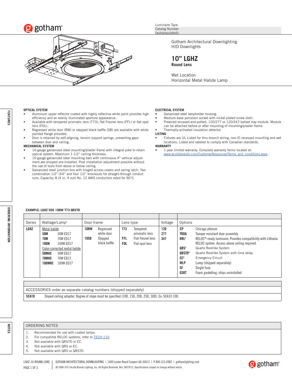 Gotham 10 LGHZ Round Lens SpecSheet User Manual | 3 pages