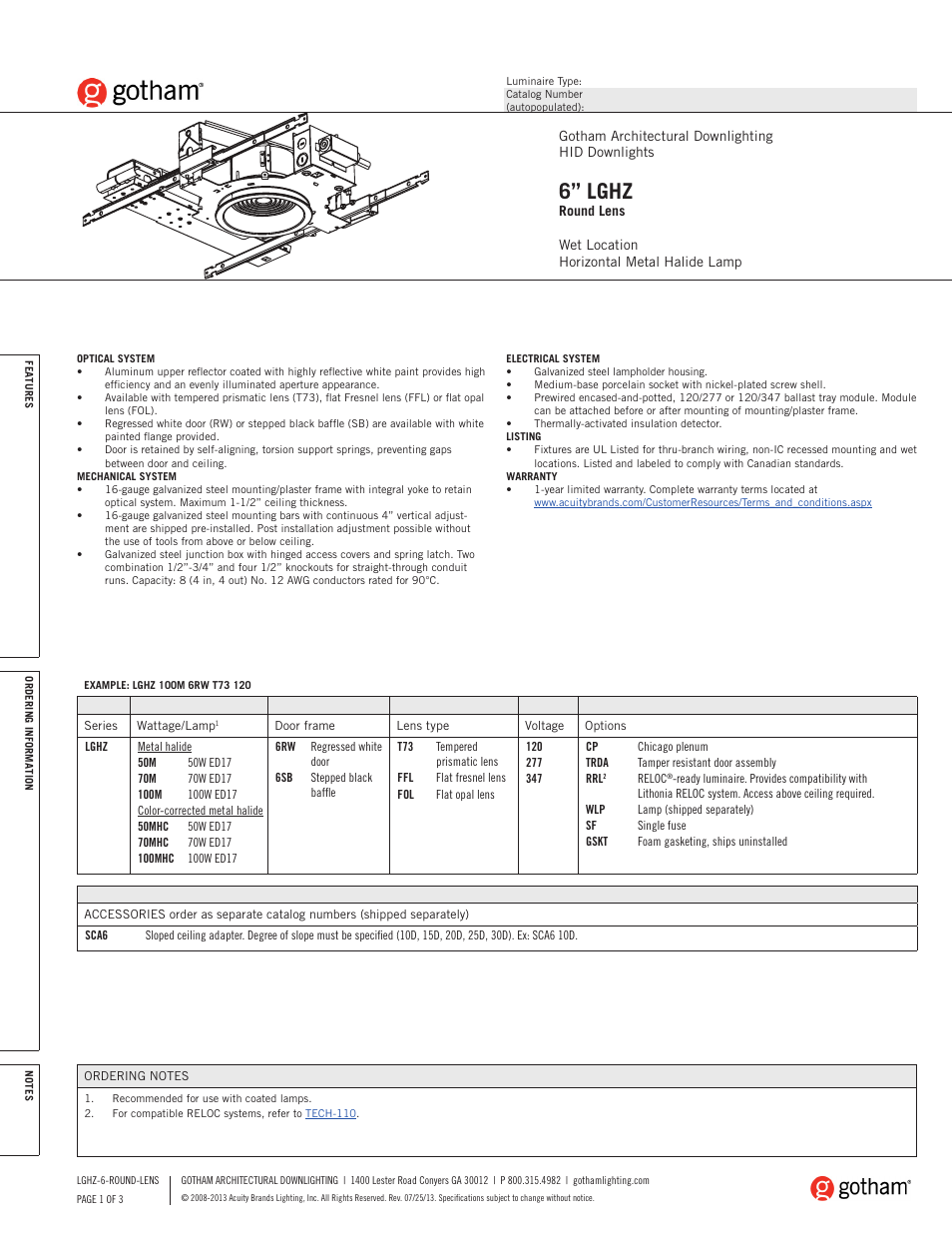 Gotham 6 LGHZ Round Lens SpecSheet User Manual | 3 pages