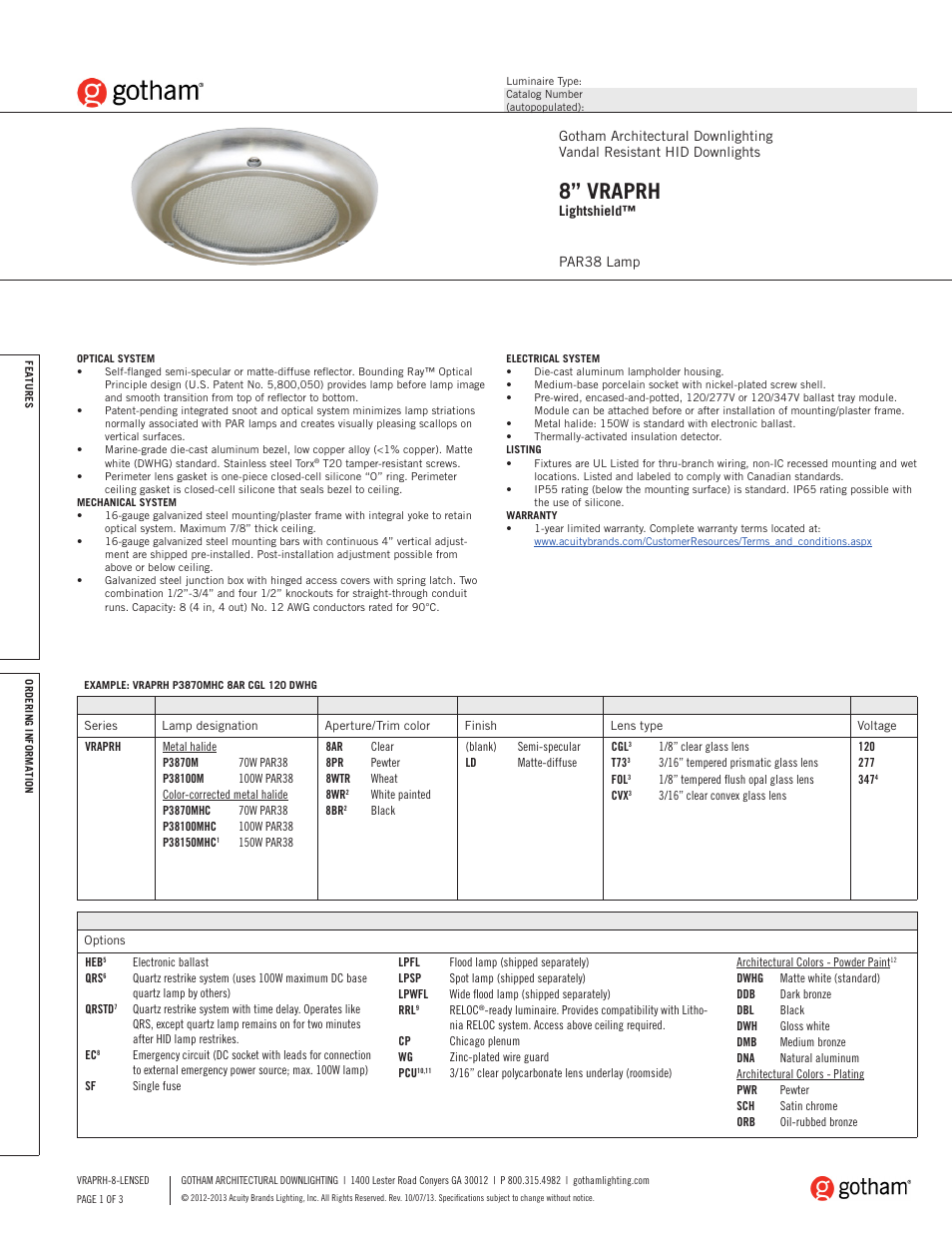 Gotham 8 VRAPRH Lightshield SpecSheet User Manual | 3 pages