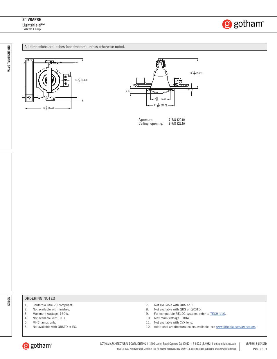 8” vraprh lightshield | Gotham 8 VRAPRH Lightshield SpecSheet User Manual | Page 2 / 3