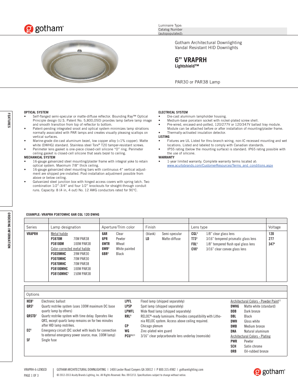 Gotham 6 VRAPRH Lightshield SpecSheet User Manual | 3 pages
