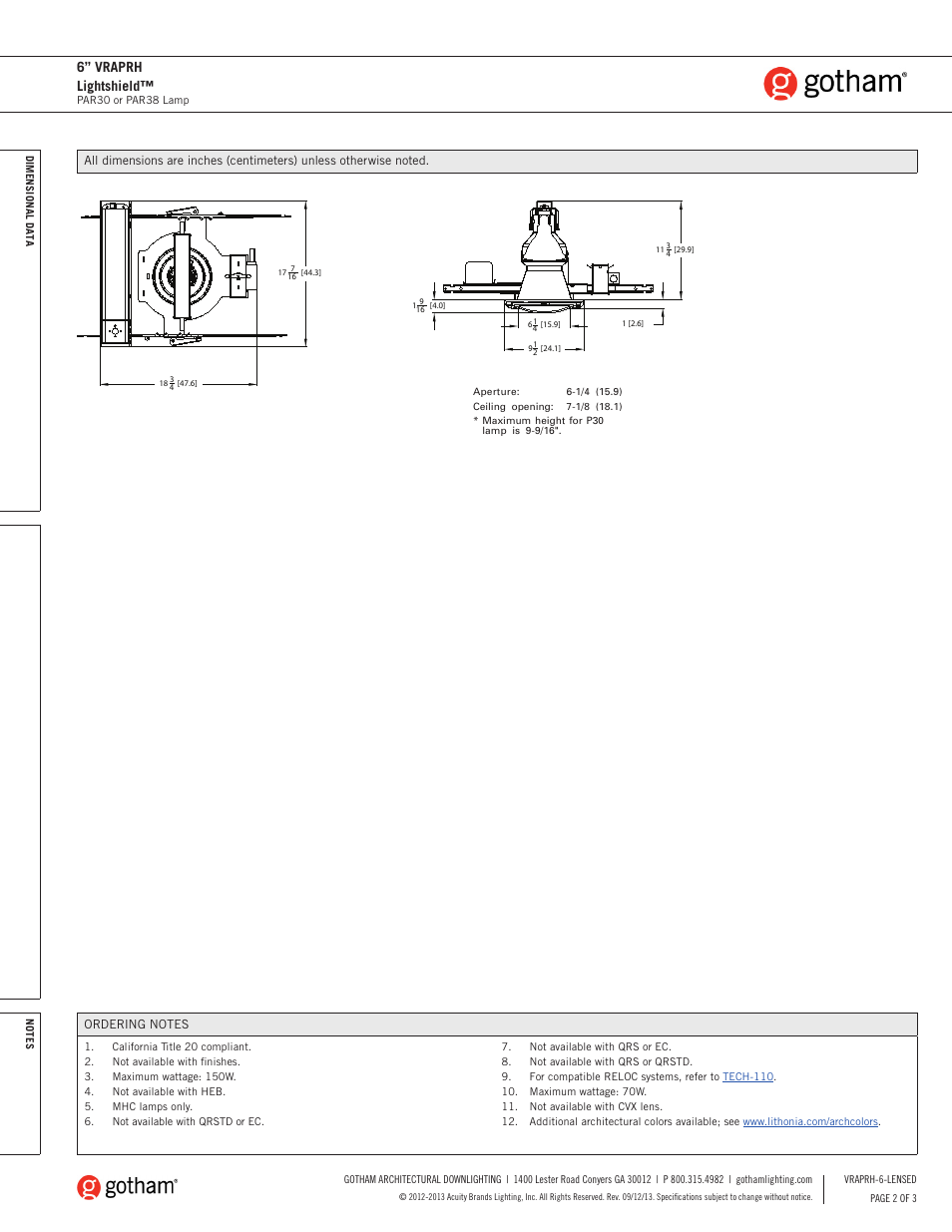 6” vraprh lightshield | Gotham 6 VRAPRH Lightshield SpecSheet User Manual | Page 2 / 3