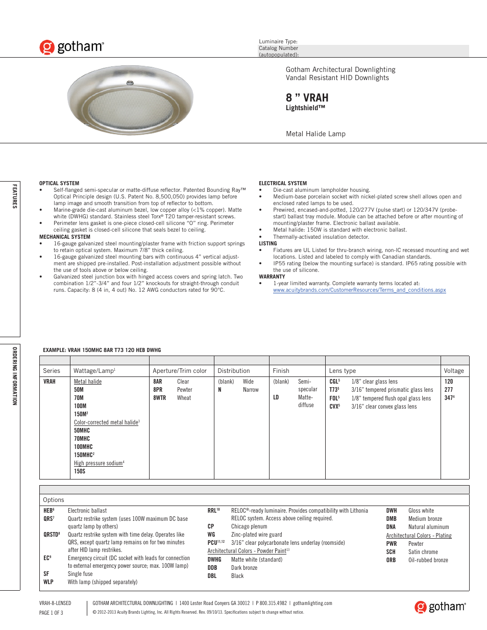 Gotham 8 VRAH Lightshield SpecSheet User Manual | 3 pages