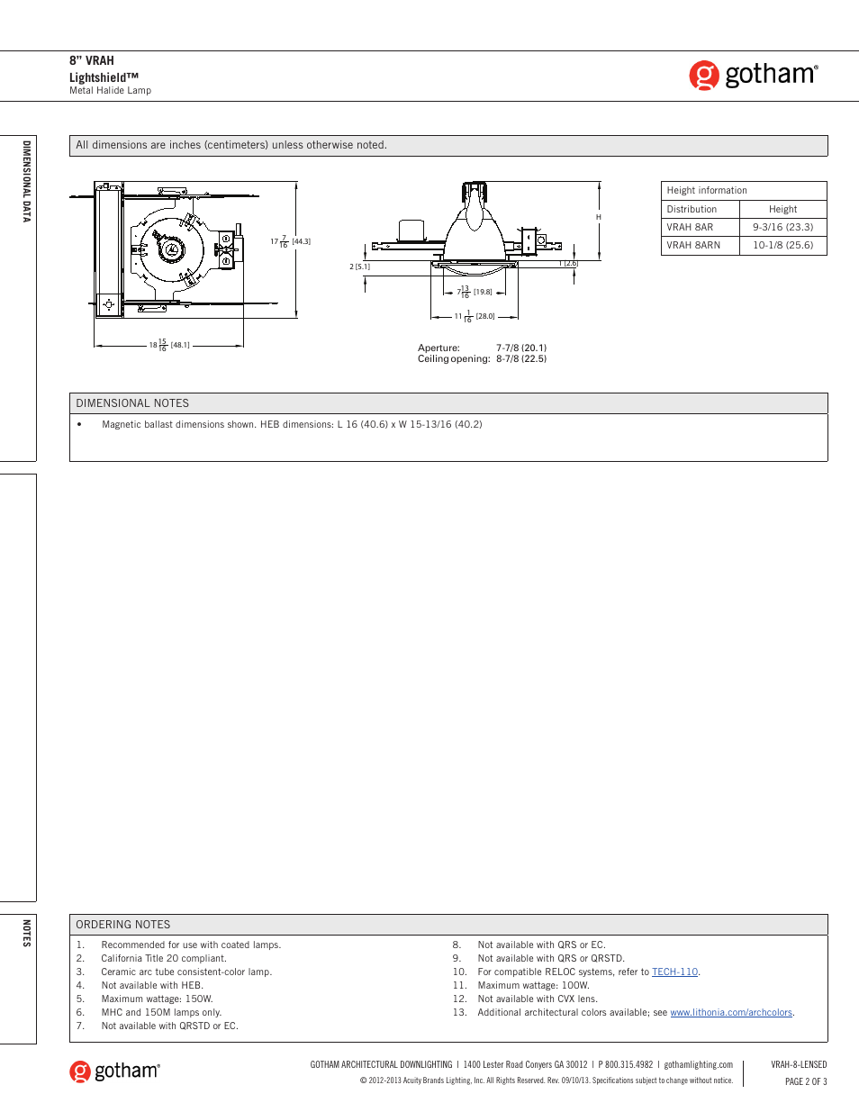 8” vrah lightshield | Gotham 8 VRAH Lightshield SpecSheet User Manual | Page 2 / 3
