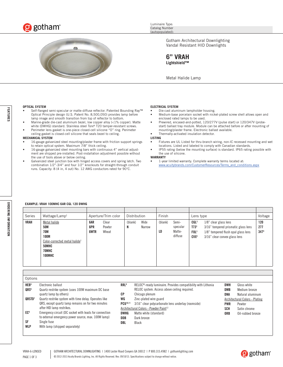 Gotham 6 VRAH Lightshield SpecSheet User Manual | 3 pages