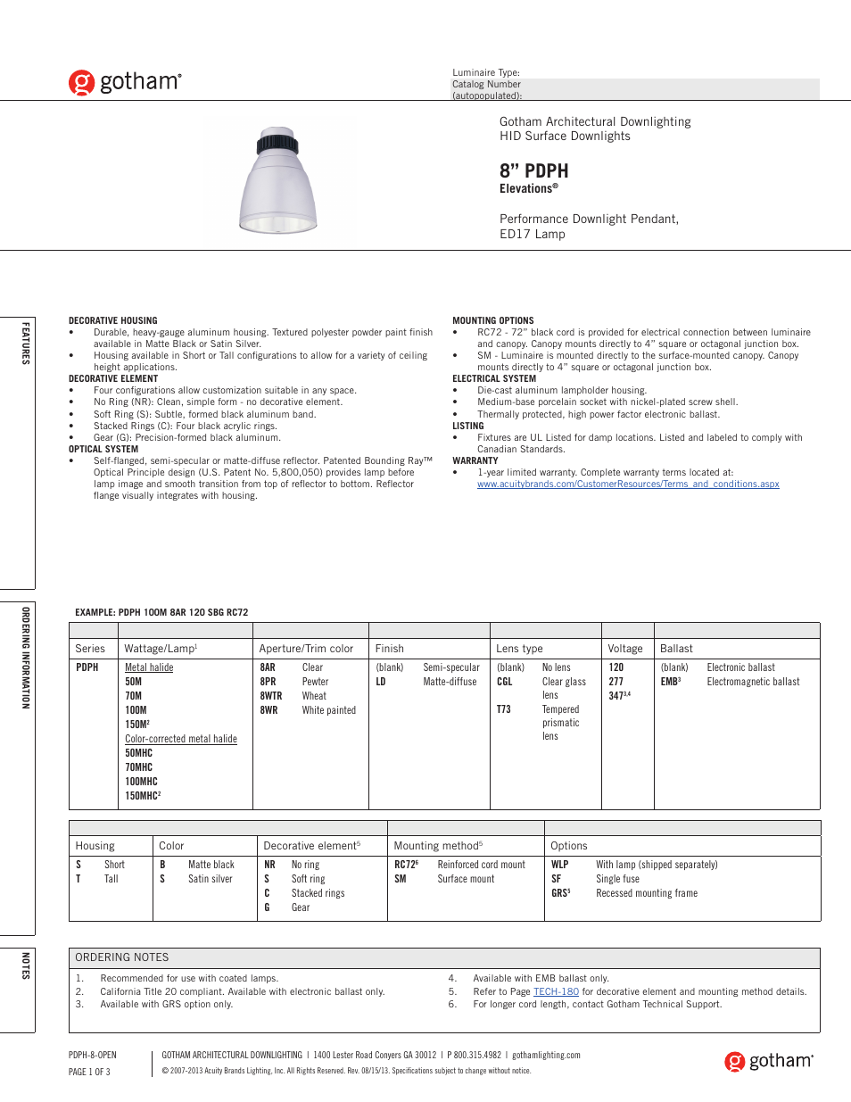 Gotham 8 PDPH Elevations SpecSheet User Manual | 3 pages