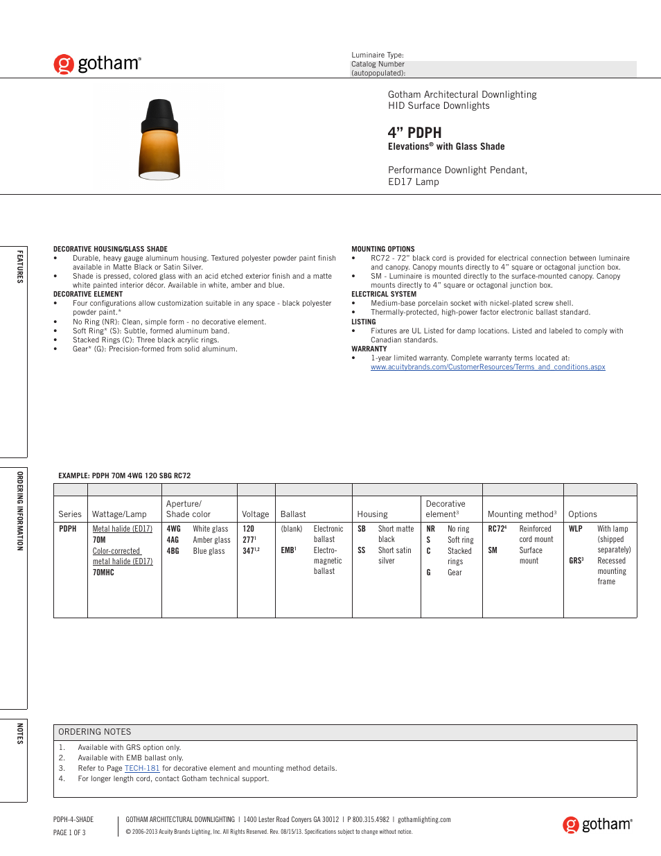 Gotham 4 PDPH Elevations with Glass Shade SpecSheet User Manual | 3 pages