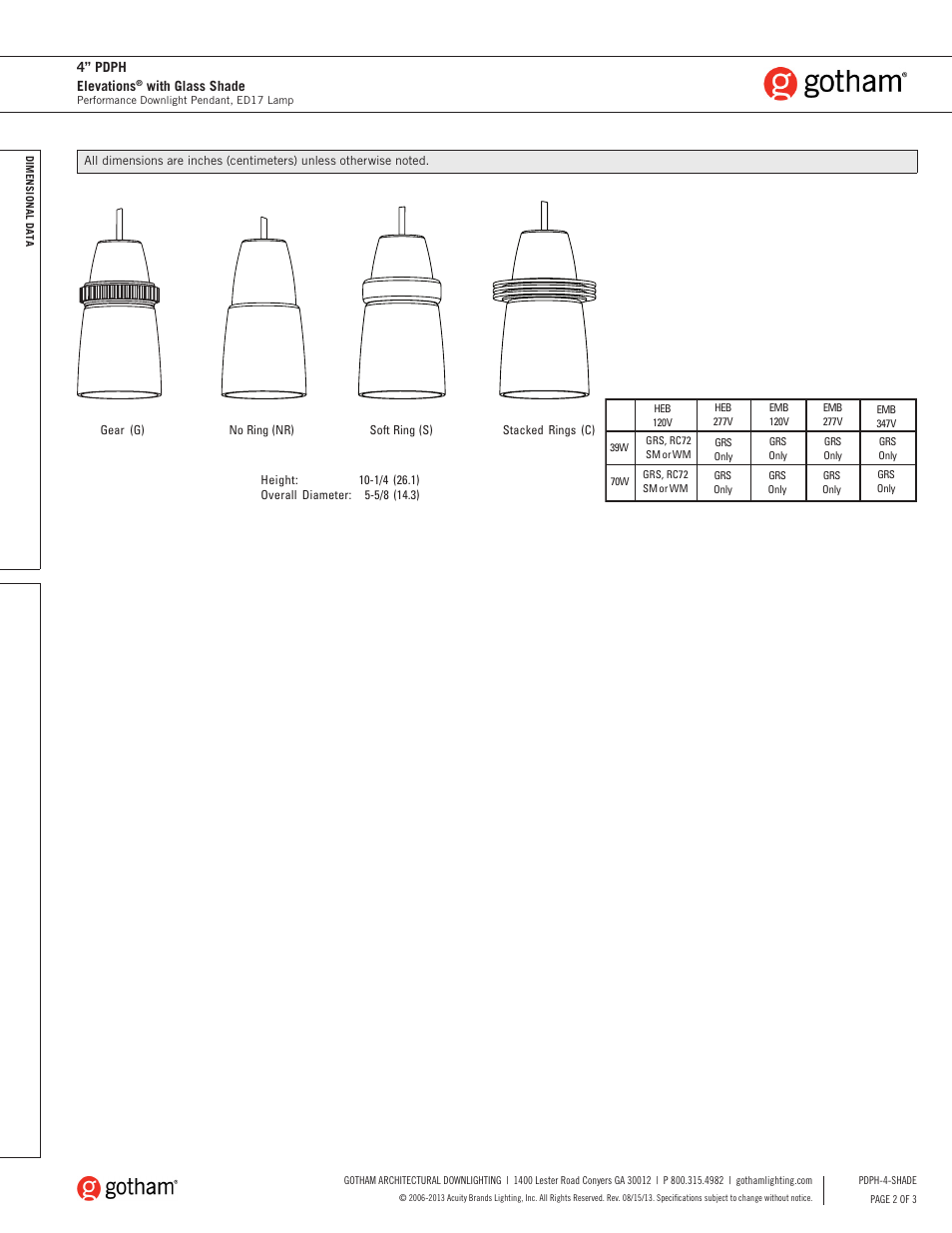 4” pdph elevations, With glass shade | Gotham 4 PDPH Elevations with Glass Shade SpecSheet User Manual | Page 2 / 3