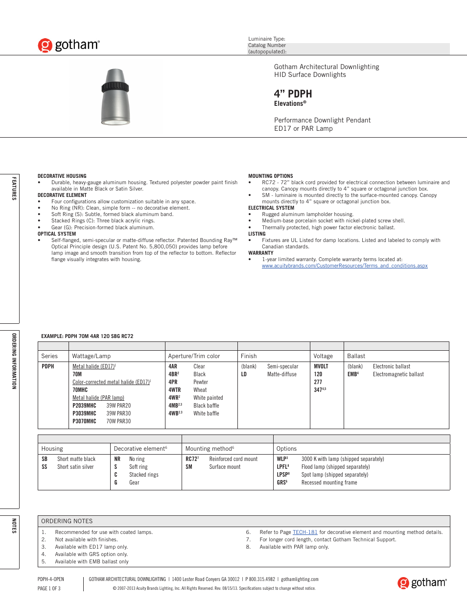 Gotham 4 PDPH Elevations SpecSheet User Manual | 3 pages