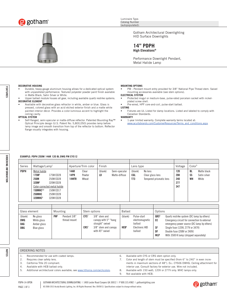 Gotham 14 PDPH High Elevations SpecSheet User Manual | 3 pages