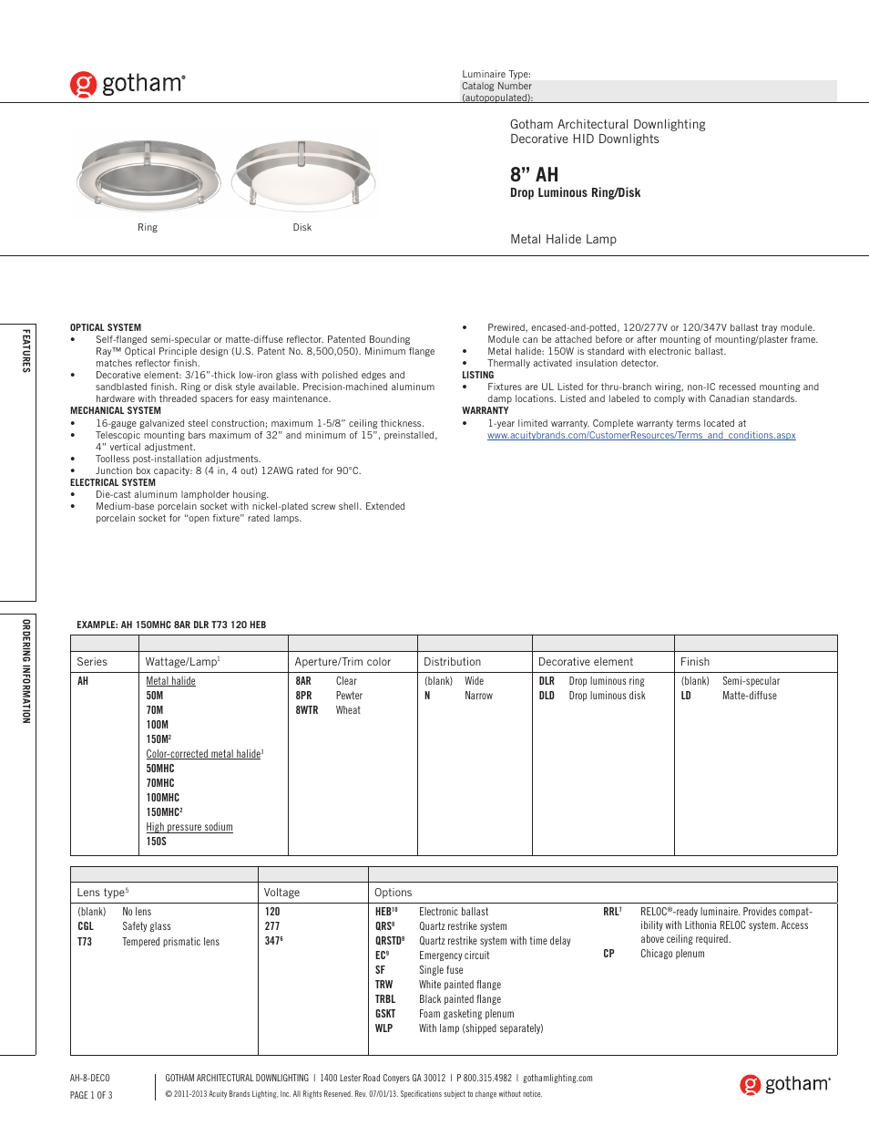 Gotham 8 AH Drop Luminous Ring_Disk SpecSheet User Manual | 3 pages