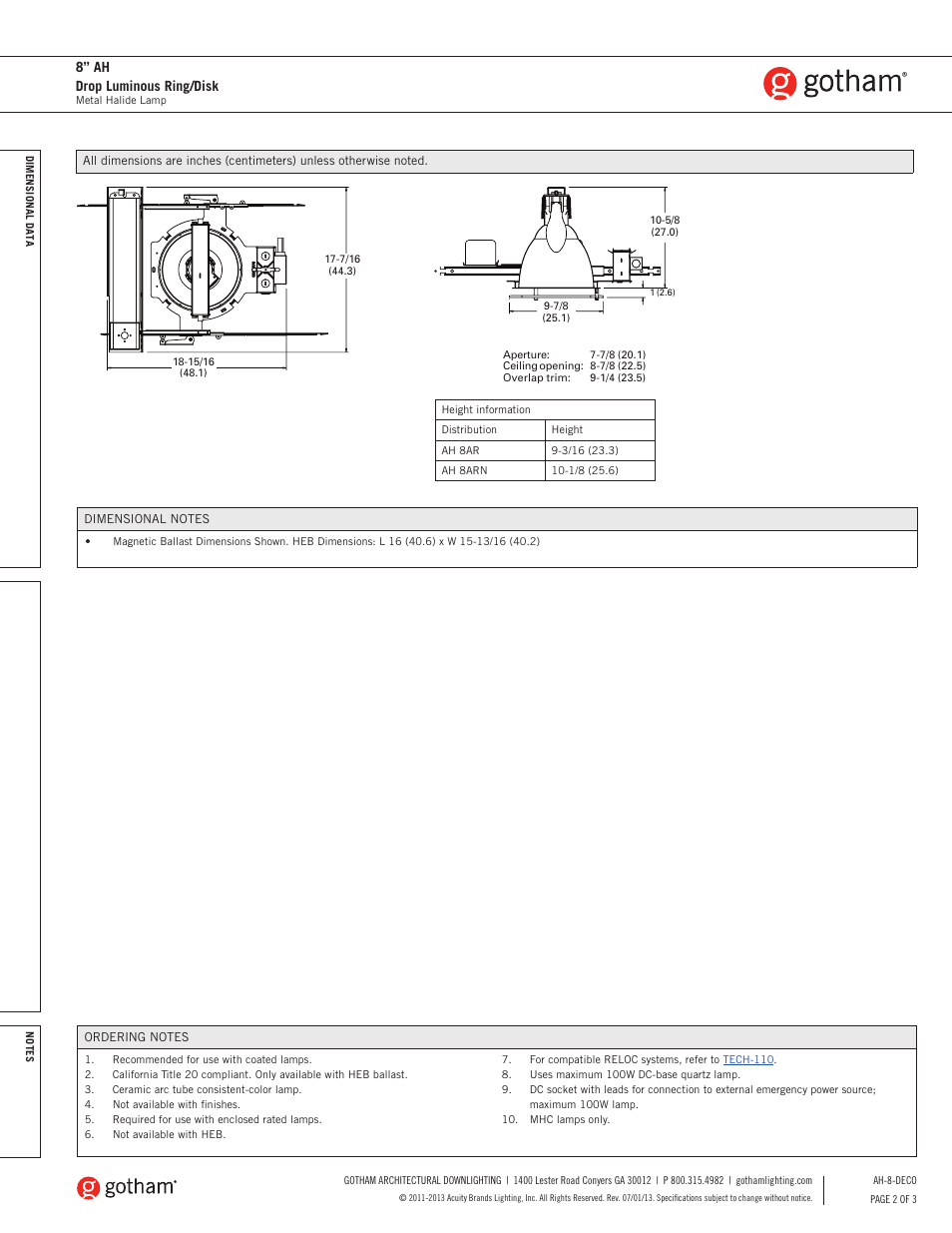 8” ah drop luminous ring/disk | Gotham 8 AH Drop Luminous Ring_Disk SpecSheet User Manual | Page 2 / 3