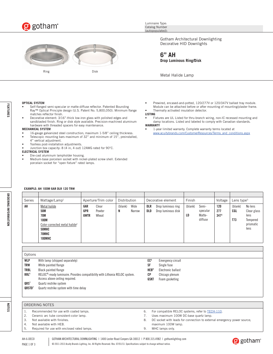 Gotham 6 AH Drop Luminous Ring_Disk SpecSheet User Manual | 3 pages