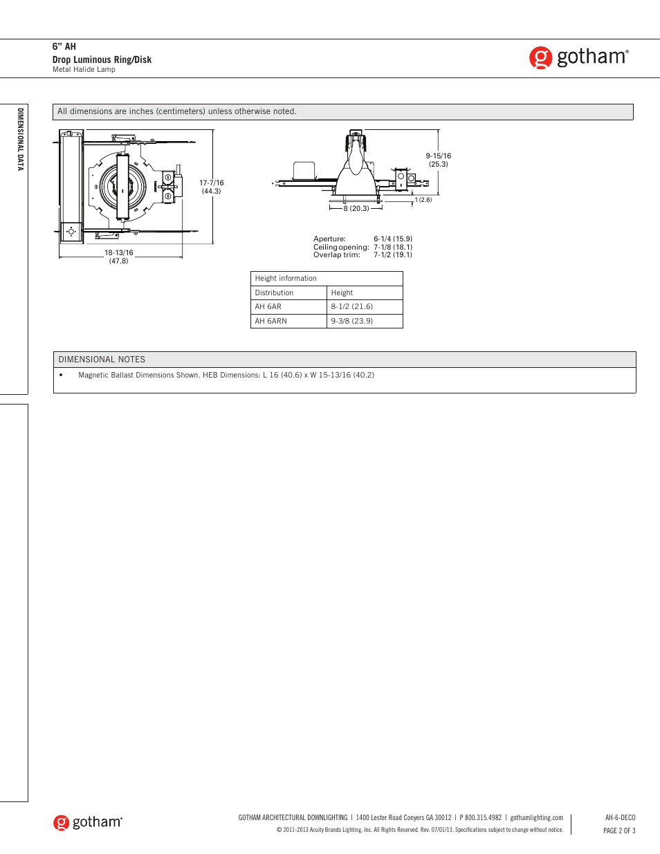 6” ah drop luminous ring/disk | Gotham 6 AH Drop Luminous Ring_Disk SpecSheet User Manual | Page 2 / 3