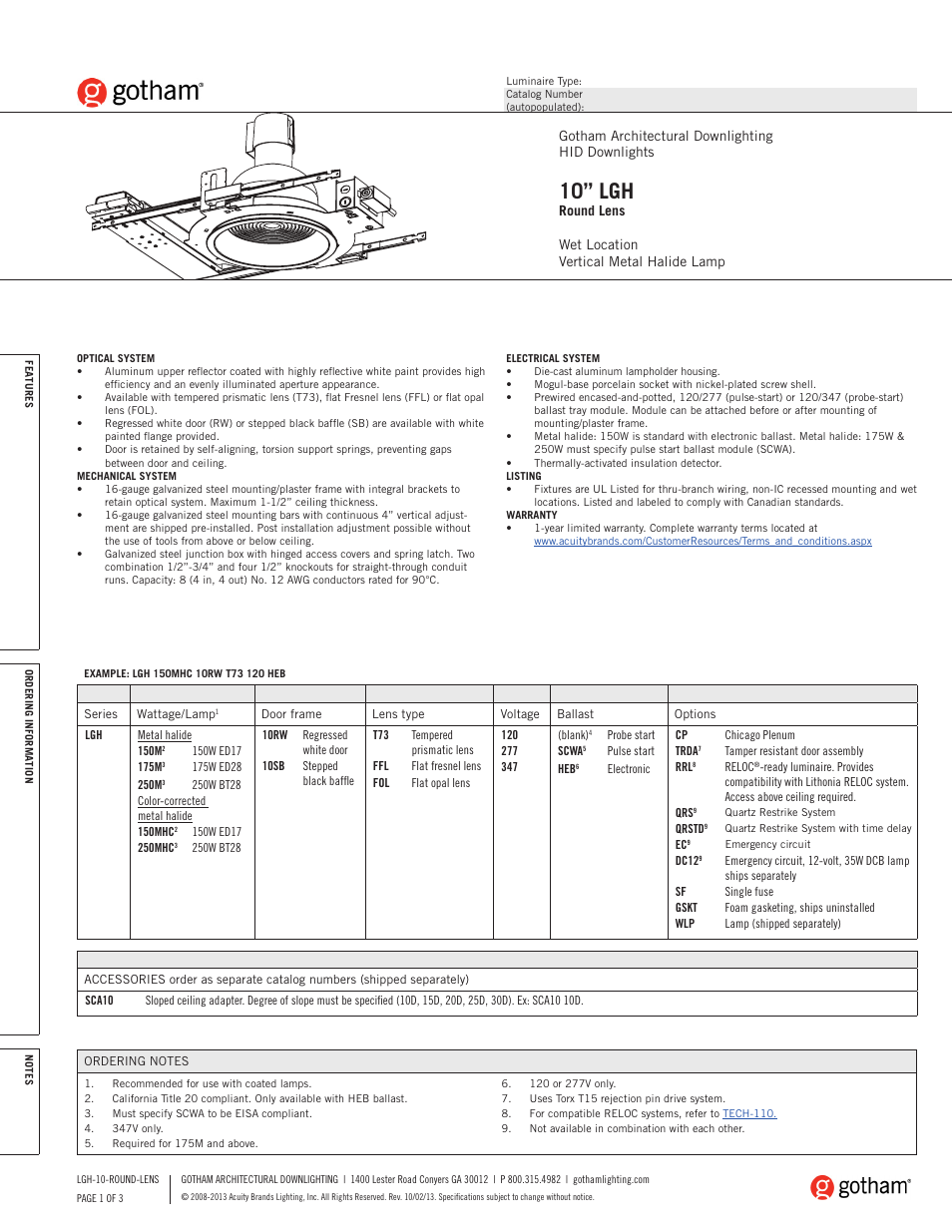 Gotham 10 LGH Round Lens SpecSheet User Manual | 3 pages