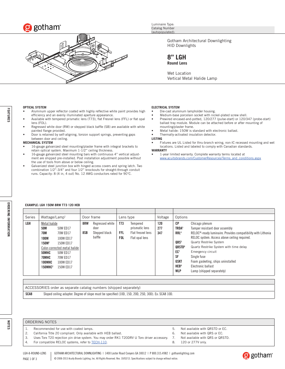 Gotham 8 LGH Round Lens SpecSheet User Manual | 3 pages