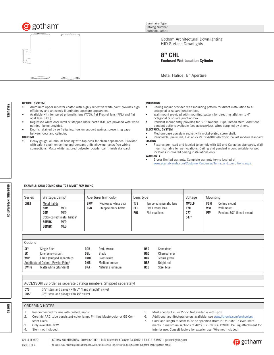 Gotham 8 CHL Enclosed Wet Location Cylinder SpecSheet User Manual | 4 pages